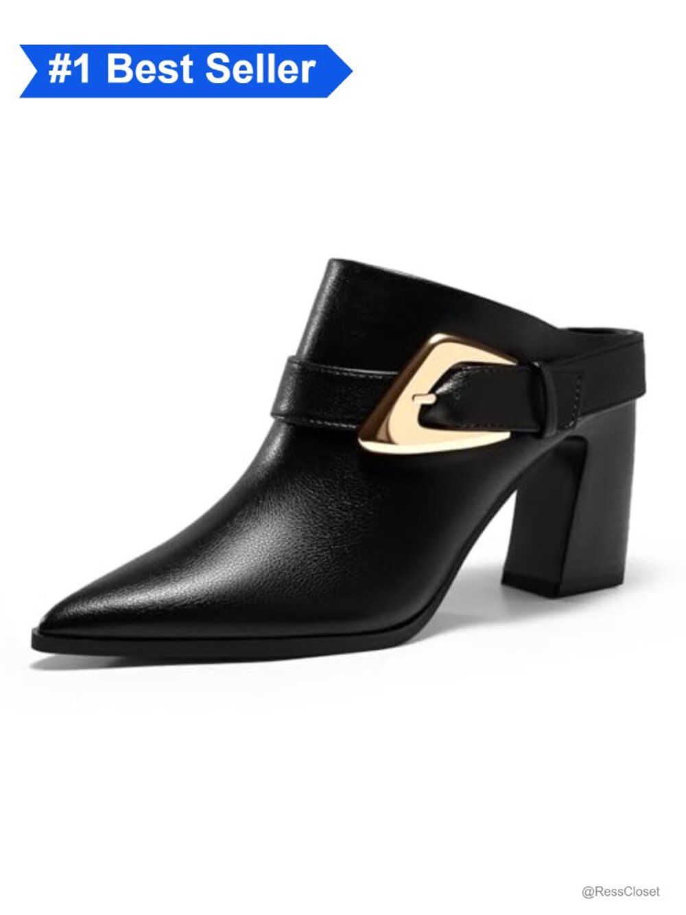 Pointed Toe Chunky Heel Mule Booties Slip On Dress Shoes with Buckle